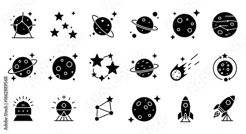 Collection of Black and White Space Icons: Planets, Stars, Rockets, and Comets