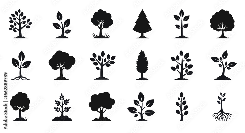 Obraz premium A diverse set of black silhouette icons depicting various trees, saplings, and plants in a simple, flat style.