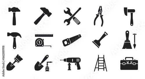 Collection of Black and White Tool Icons: Hammers, Saw, Wrench, Pliers, Trowel, Tape Measure, Drill, Ladder, and Toolbox