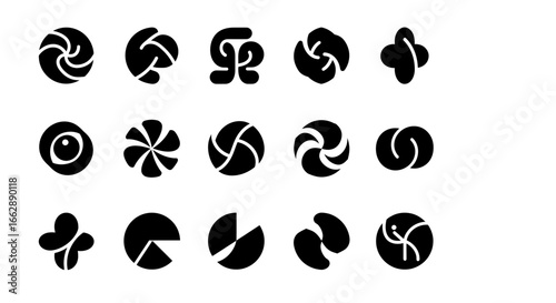 Set of fifteen modern black abstract icons, featuring geometric and organic glyphs for logo design.
