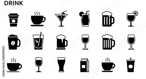 Minimalist black silhouette icon set of various drinks like coffee, beer, wine, and cocktails.