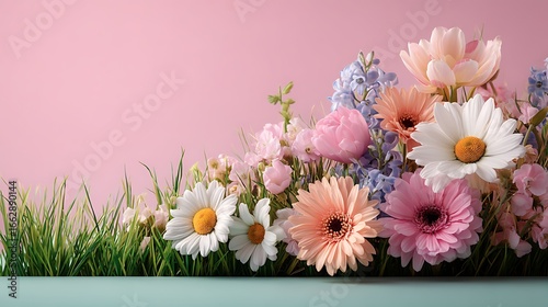 Spring sale promotion with fresh blooming flowers on bright green grass, set against a soft pastel background with ample empty space on the right for text overlay and promotional messages.