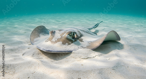 Camouflaged Stingray with Only Eyes and Tail Showing