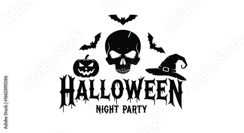 Spooky halloween night party skull pumpkin witch hat bats grunge design for festive celebrations