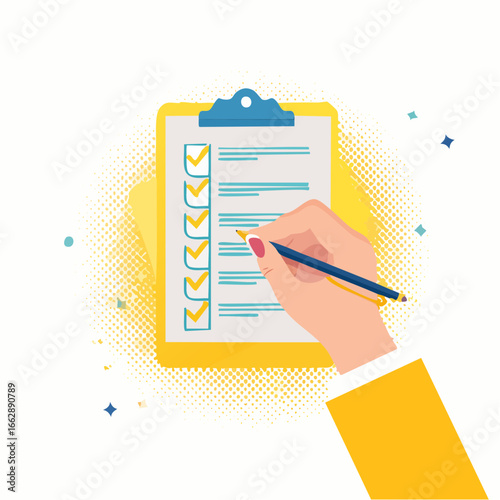 Trendy Halftone Collage Hand with pen and check list. Questionnaire concept. Survey form. Management to do list with tick.