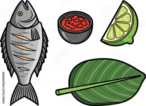 A stylized illustration featuring a whole fish, dipping sauce, lime wedge, and a leaf.