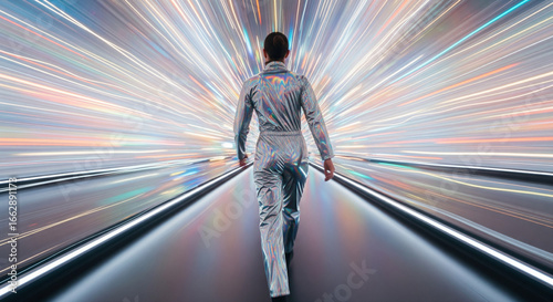 Motion-blurred backview of figure in holographic metallic jumpsuit running through vibrant tunnel of iridescent light trails