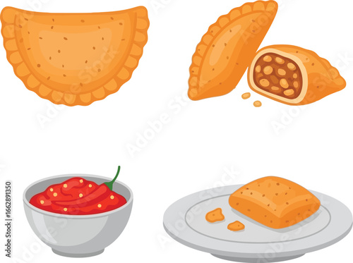 Illustration showing various pastries, including filled empanadas and a bowl of red sauce, presented on plates.