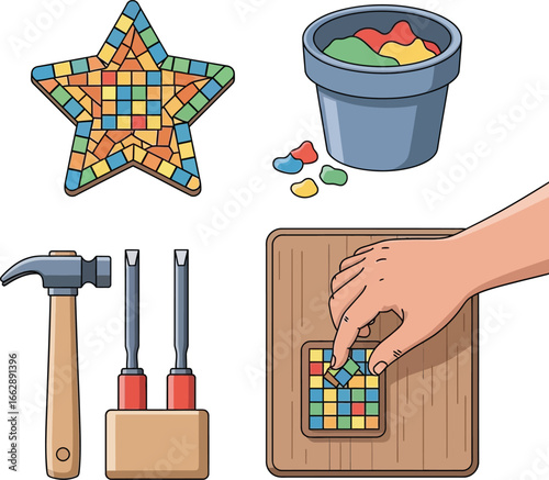 Illustration showing mosaic art creation with star, pot, tools, and hand placing tiles on a wooden board.