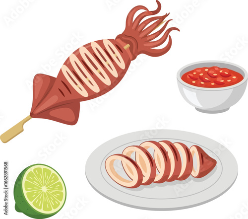 Grilled squid skewers with dipping sauce and lime, ready to eat.