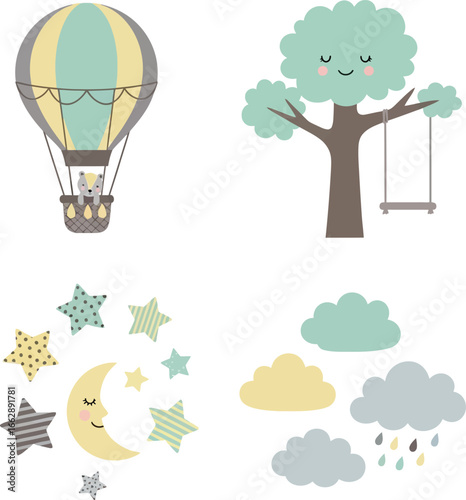 Adorable nursery wall decals featuring a hot air balloon, tree with swing, moon, stars, and clouds.