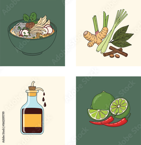 Vietnamese Pho ingredients: noodles, broth, herbs, spices, lime, chili.