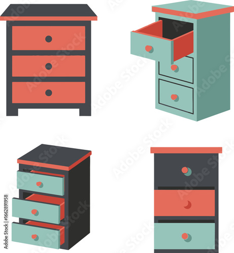 Four stylized illustrations of colorful bedside tables, each with different drawer configurations.