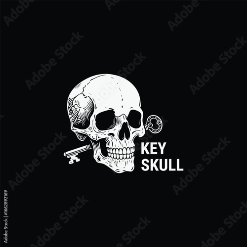 Vintage key skull logo blending secrecy, strength, and legacy.