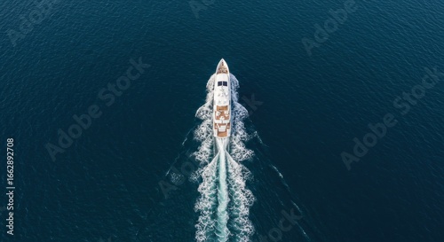 High-angle view of a sleek white yacht gliding across deep blue water.