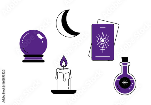 Whimsical Witchcraft: Fortune Telling Tools and Mystical Symbols in Charming Cartoon Style, Purple and Black Magic: Divination and Enchantment Elements, Vector Illustration
