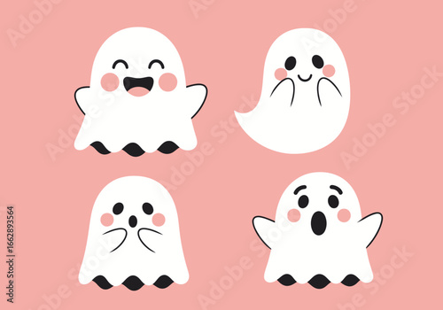 Cute Halloween Ghosts with Happy and Surprised Expressions, Spooky Season Illustration for Cards and Designs