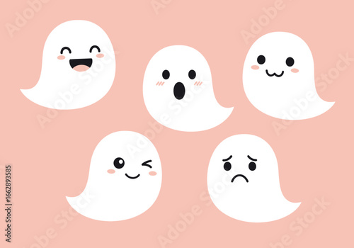 Cute Halloween Ghosts with Various Emotions on Pink Background, Adorable White Ghosts with Funny Expressions for Holiday Designs