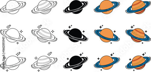 Planet Saturn silhouette icon set. Planet Saturn with planetary ring vector icons isolated on transparent background. Cosmos and astronomy planet vector illustration.