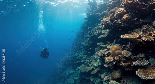 Fototapeta Naklejka Na Ścianę i Meble -  A diver swims near a colorful coral reef wall in clear blue ocean water with sunlight streaming from the surface.