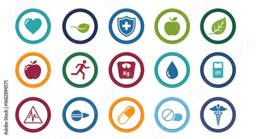 A diverse collection of health and wellness icons representing healthy lifestyle choices, medical care, and fitness