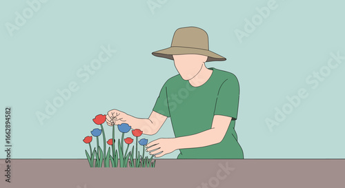 A person in a hat and green shirt tends to red and blue tulips in a garden with a light blue background, illustrating