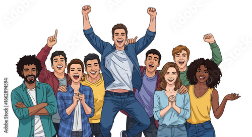 A vibrant and energetic illustration of a diverse group of young people celebrating success with raised fists and joyful