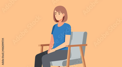 Flat illustration of a young woman with short brown hair, wearing a blue t-shirt and grey pants, seated in a modern
