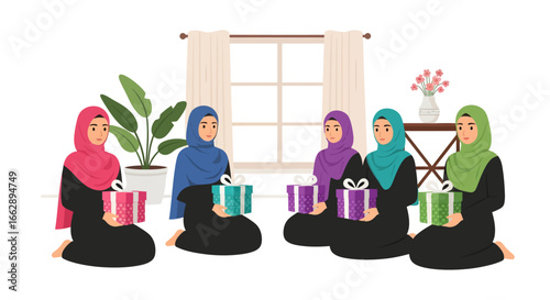 Five Muslim Women in Hijabs Sitting on Floor Holding Gift Boxes, Celebrating Together