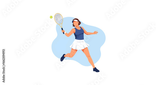 Stylized illustration of a woman playing tennis and hitting a forehand shot with a racket and ball, dynamic action pose