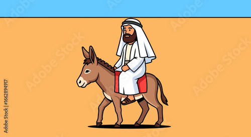 Stylized illustration of a man in traditional Middle Eastern attire riding a donkey through a desert landscape under