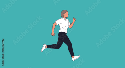 Stylized illustration of a woman running with purpose and determination against a simple, solid teal background