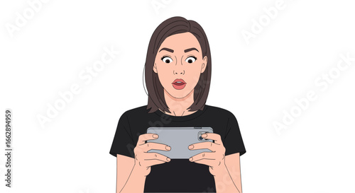 Surprised Woman Holding Smartphone and Looking at Screen with Wide Eyes and Open Mouth