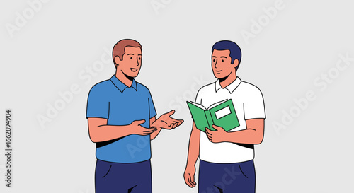 Two men in casual clothing engaged in a discussion, one holding an open book and gesturing while the other listens