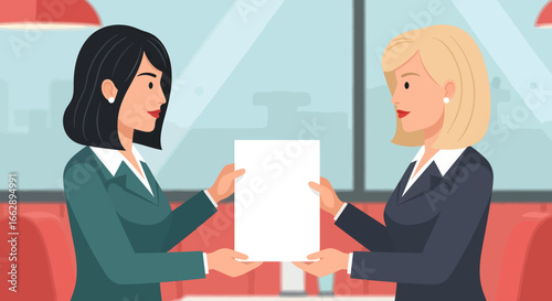 Two businesswomen in suits exchanging a blank document in a modern office with red seating, symbolizing collaboration