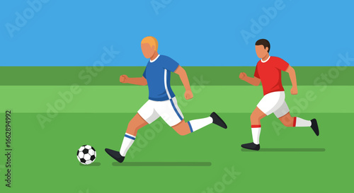 Two soccer players in action on a green field, illustrating the dynamic movement and competitive spirit of the sport.