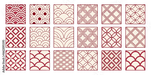 A seamless collection of 20 geometric patterns arranged in a grid layout. Each square tile features intricate, minimalistic, and symmetrical designs in shades of maroon, red, and soft beige. The patte