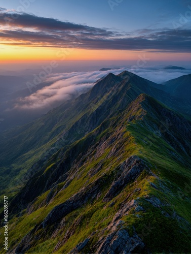 Majestic mountain range at sunset near the clouds