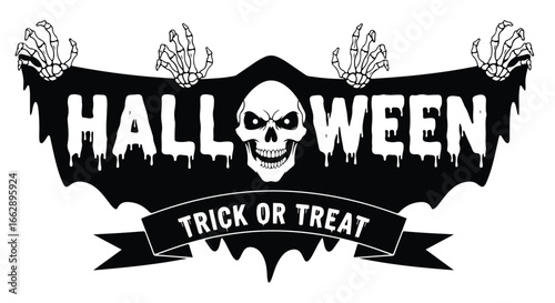 Spooky halloween skull and bones sign with trick or treat banner for festive decorations