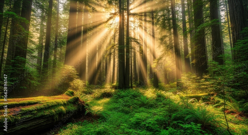 Naklejka premium Magical forest sunbeams illuminate the lush green foliage