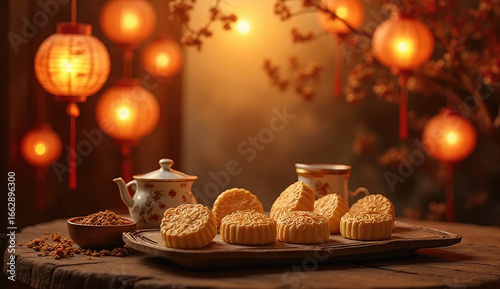 Wallpaper Mural Traditional mooncakes arranged on a wooden table with a tea set, glowing paper lanterns hanging in the background, soft golden evening light, cozy festive atmosphere Torontodigital.ca