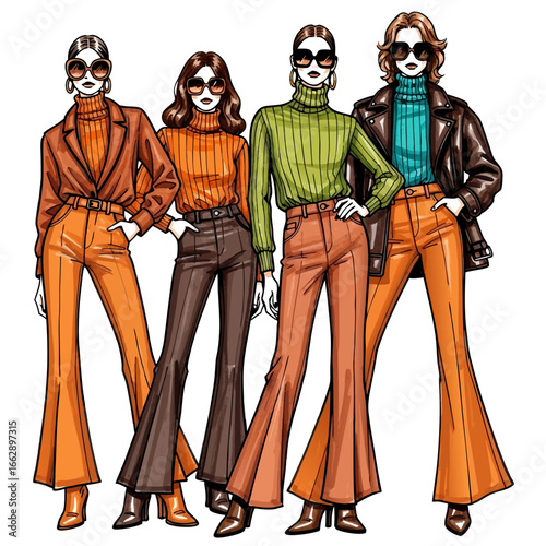 Fashionable Women Modeling Colorful Retro Outfits with Confidence and Style