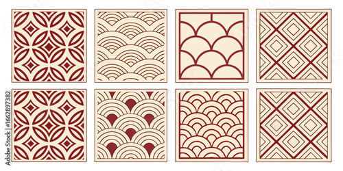 A seamless collection of 20 geometric patterns arranged in a grid layout. Each square tile features intricate, minimalistic, and symmetrical designs in shades of maroon, red, and soft beige. The patte