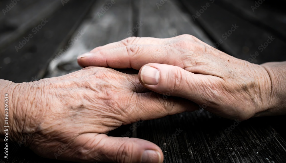 Fototapeta premium Tender Touch: Close-Up of Elderly Hands Offering Comfort and Support