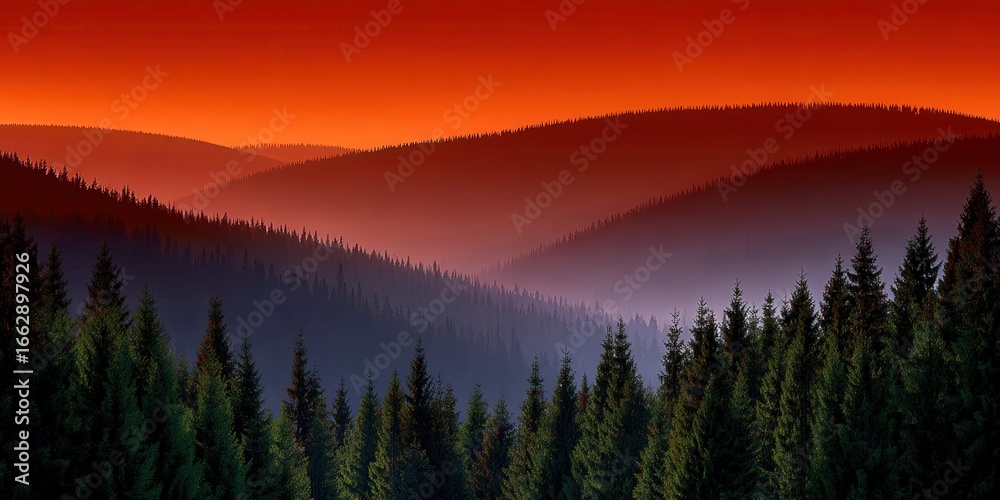 Obraz premium Twilight hues over serene forested hills