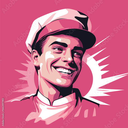 A cheerful chef stands with a bright smile, wearing a white chef hat and a pink uniform. The vivid background enhances the joyful atmosphere, highlighting the chef's enthusiasm.
