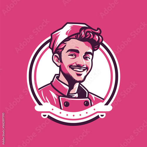 A cheerful young chef wearing a white hat and red uniform presents a warm smile. The vibrant pink background enhances the playful and inviting atmosphere perfect for culinary promotions.