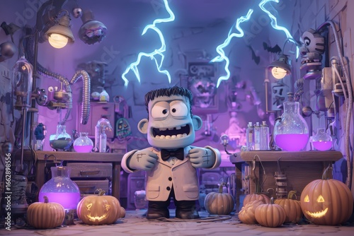 Spooky Animated Laboratory Scene with Frankenstein Character Surrounded by Pumpkins, Test Tubes, and Purple Glowing Elements for Halloween