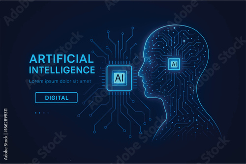 Abstract human body. AI man silhouette on technology blue background. 3D human figure made of thin lines and connected dots. Digital vector illustration