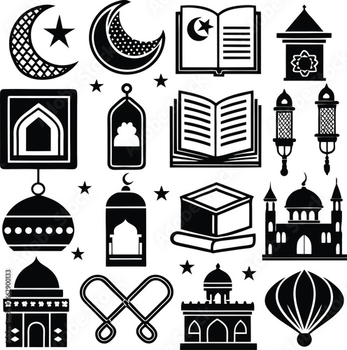 Collection of islamic cultural symbols icons featuring mosques lanterns quran star crescent moon and kaaba for ramadan eid and islamic celebrations